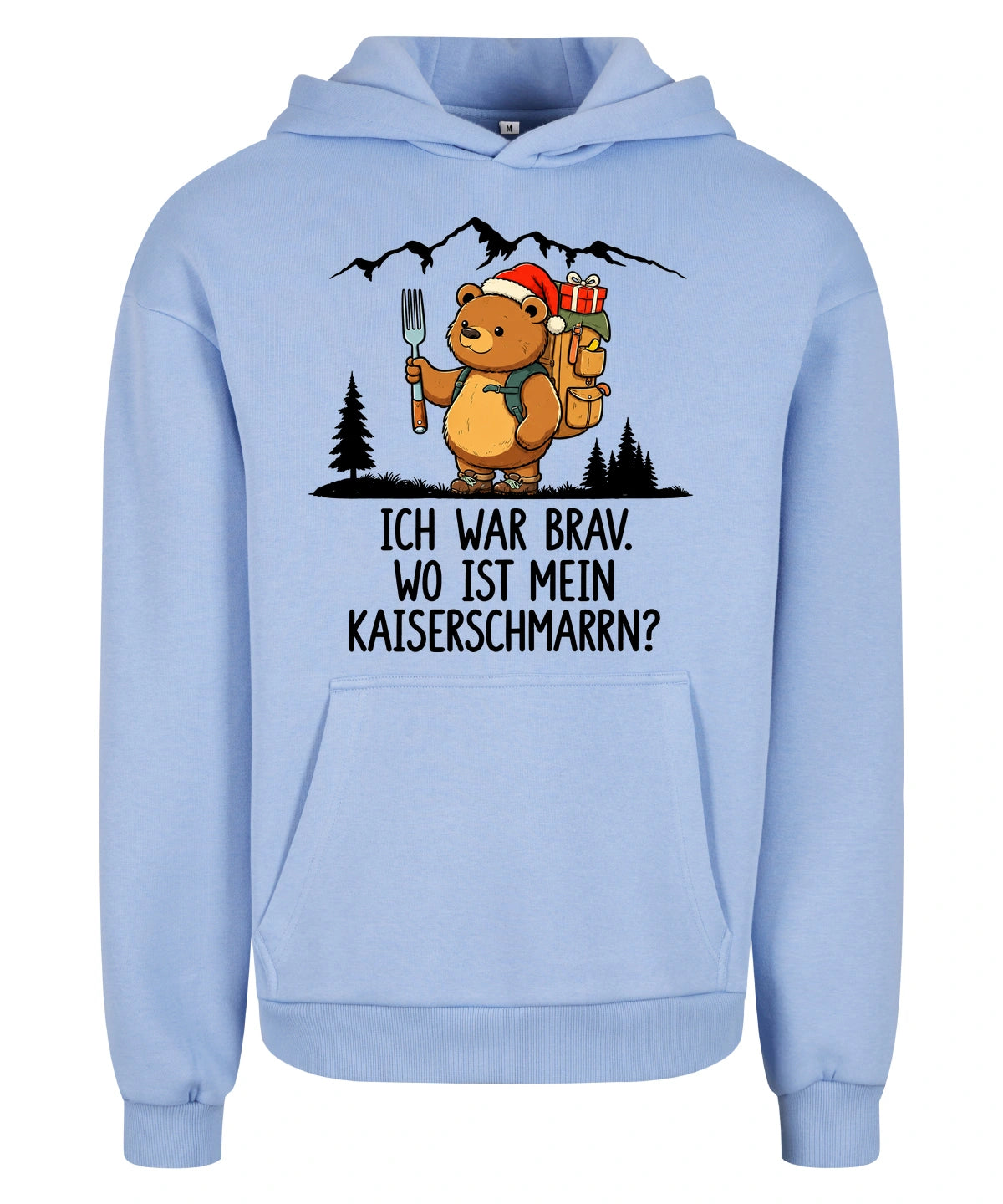 Ich war brav Hoodie in Powder Blue – Vorderansicht mit Kaiserbär-Weihnachtsmotiv