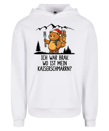 Ich war brav Hoodie in White – Vorderansicht mit Kaiserbär-Weihnachtsmotiv