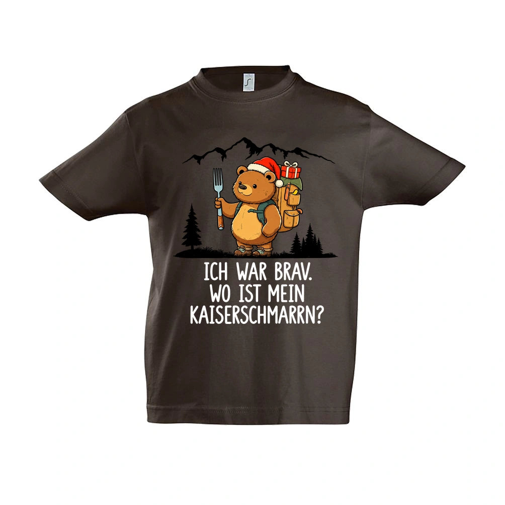 Ich war brav Kinder T-Shirt in Chocolate – Vorderansicht, Motiv mittig zwischen den Ärmelansätzen
