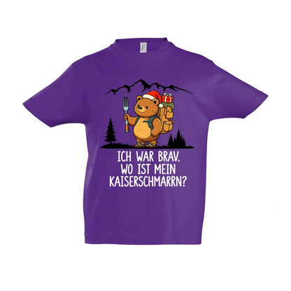 Ich war brav Kinder T-Shirt in Dark Purple – Vorderansicht, Motiv mittig zwischen den Ärmelansätzen