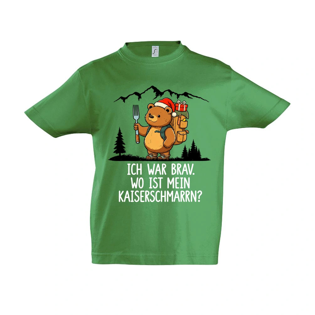 Ich war brav Kinder T-Shirt in Kelly Green – Vorderansicht, Motiv mittig zwischen den Ärmelansätzen