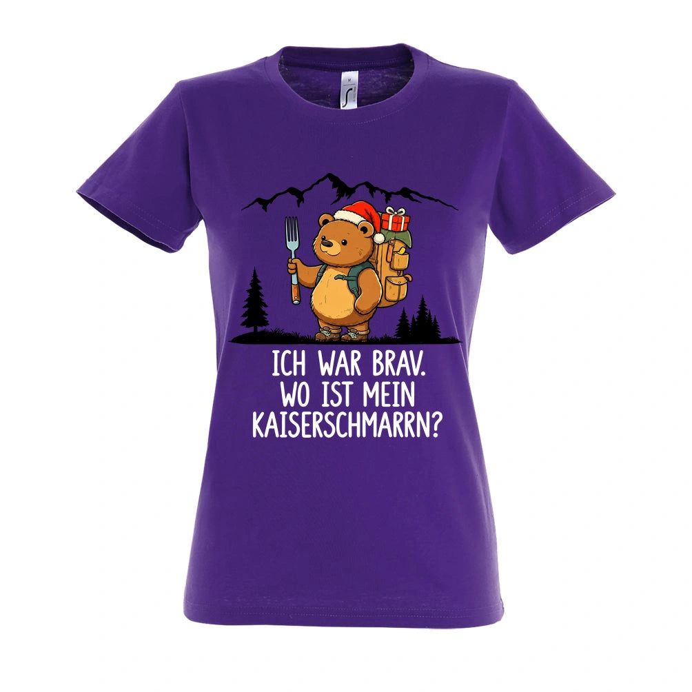 Ich war brav Frauen Shirt in Dark Purple – Vorderansicht mit Kaiserbär-Weihnachtsmotiv