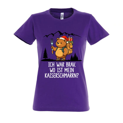 Ich war brav Frauen Shirt in Dark Purple – Vorderansicht mit Kaiserbär-Weihnachtsmotiv