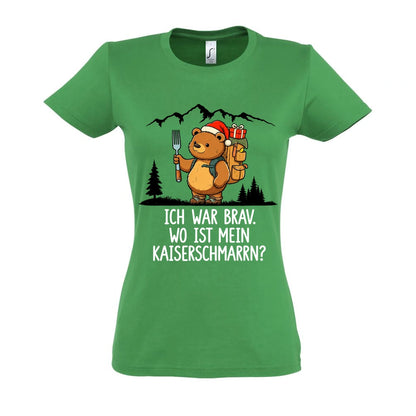 Ich war brav Frauen Shirt in Kelly Green – Vorderansicht mit Kaiserbär-Weihnachtsmotiv