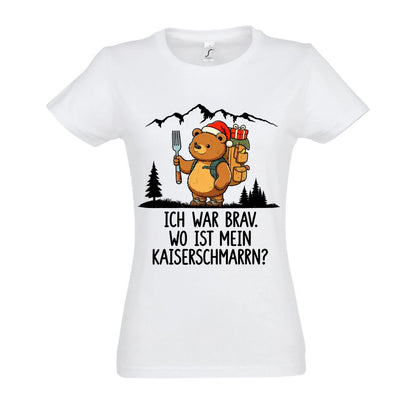 Ich war brav Frauen Shirt in White – Vorderansicht mit Kaiserbär-Weihnachtsmotiv
