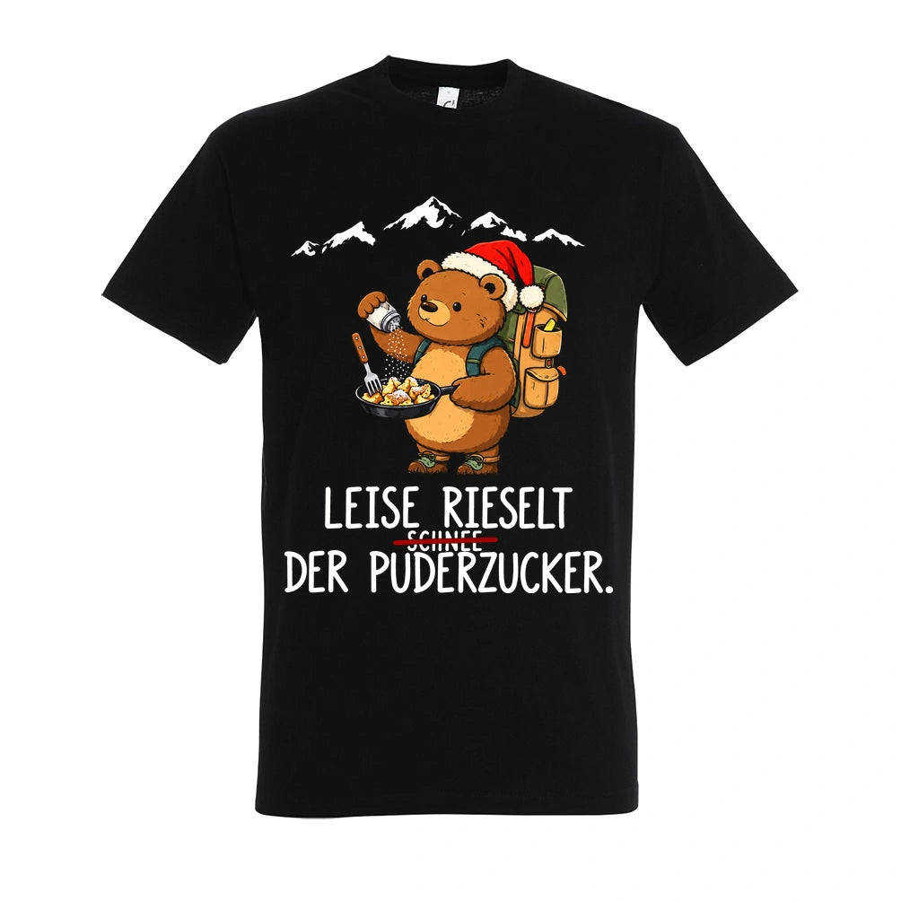 Puderzucker T-Shirt Unisex in Deep Black – Vorderansicht mit Kaiserbär-Weihnachtsmotiv