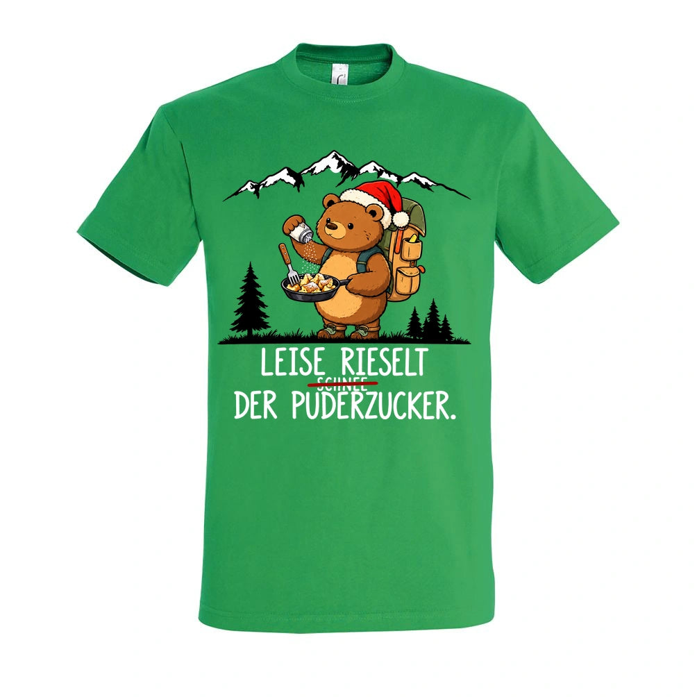 Puderzucker T-Shirt Unisex in Kelly Green – Vorderansicht mit Kaiserbär-Weihnachtsmotiv