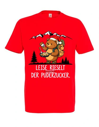 Puderzucker T-Shirt Unisex in Red – Vorderansicht mit Kaiserbär-Weihnachtsmotiv