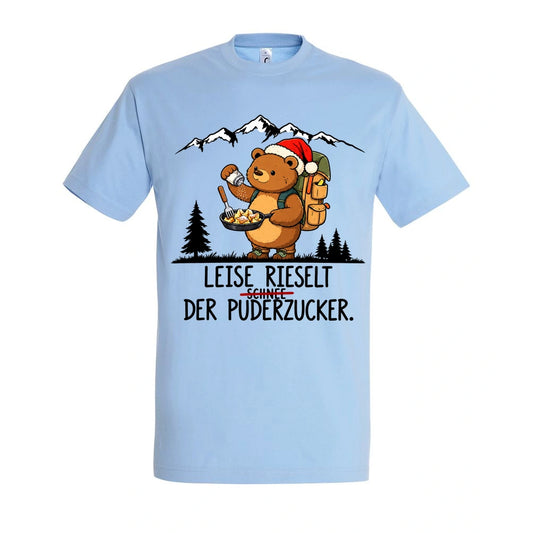 Puderzucker T-Shirt Unisex in Sky Blue – Vorderansicht mit Kaiserbär-Weihnachtsmotiv