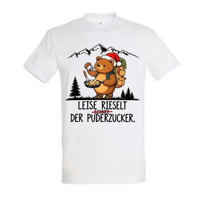 Puderzucker T-Shirt Unisex in White – Vorderansicht mit Kaiserbär-Weihnachtsmotiv