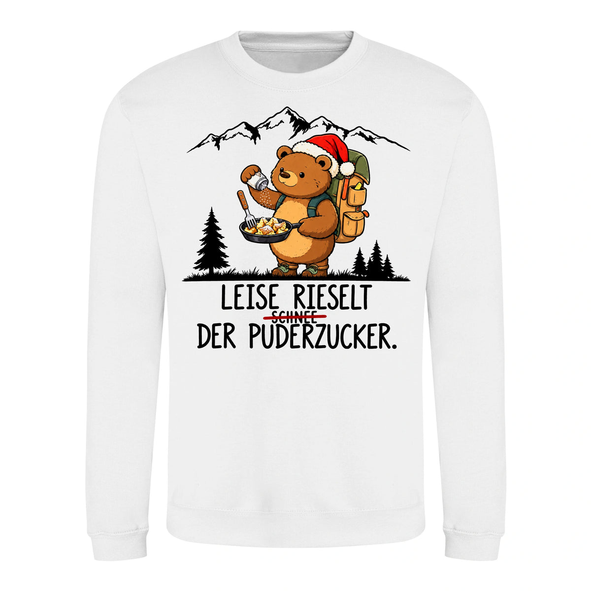 Puderzucker Sweater in Arctic White – Vorderansicht mit Kaiserbär-Weihnachtsmotiv