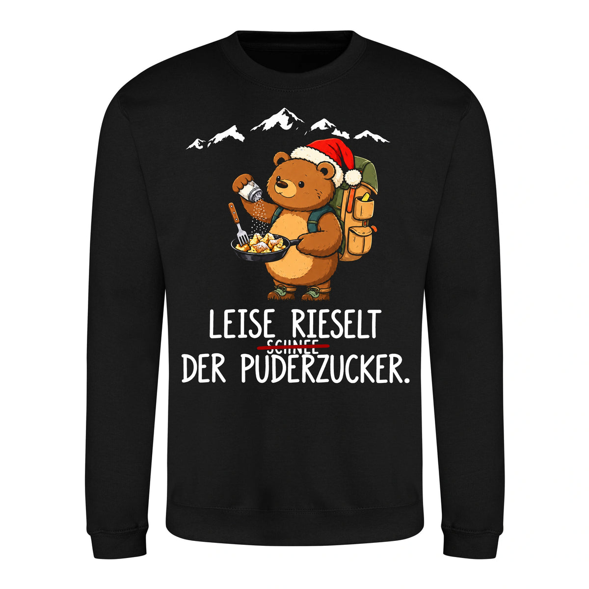 Puderzucker Sweater in Deep Black – Vorderansicht mit Kaiserbär-Weihnachtsmotiv