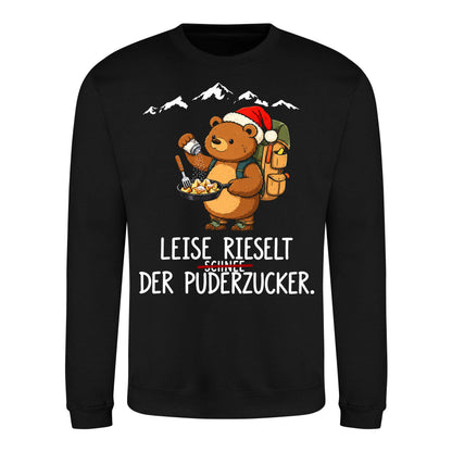 Puderzucker Sweater in Deep Black – Vorderansicht mit Kaiserbär-Weihnachtsmotiv
