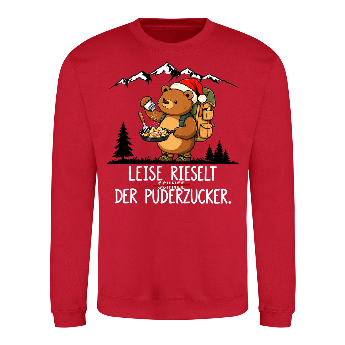 Puderzucker Sweater in Fire Red – Vorderansicht mit Kaiserbär-Weihnachtsmotiv