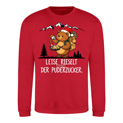 Puderzucker Sweater in Fire Red – Vorderansicht mit Kaiserbär-Weihnachtsmotiv