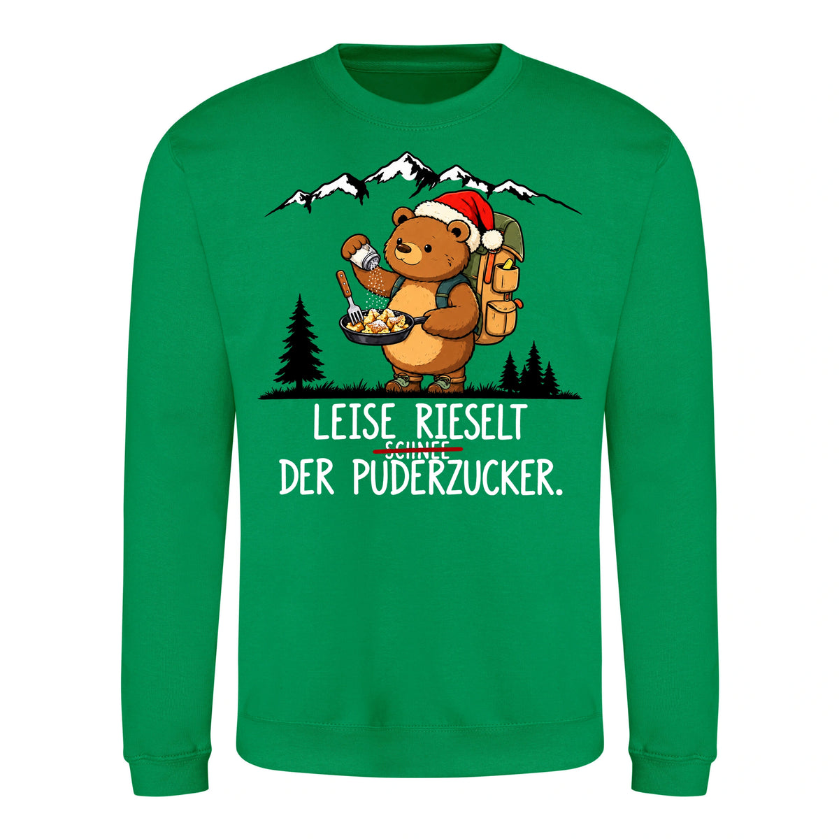 Puderzucker Sweater in Kelly Green – Vorderansicht mit Kaiserbär-Weihnachtsmotiv