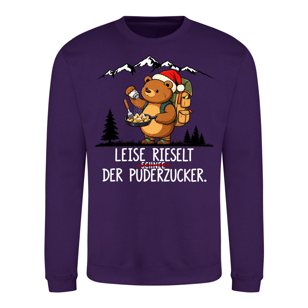 Puderzucker Sweater in Purple – Vorderansicht mit Kaiserbär-Weihnachtsmotiv