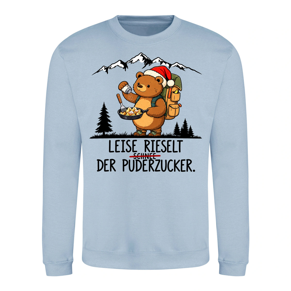 Puderzucker Sweater in Sky Blue – Vorderansicht mit Kaiserbär-Weihnachtsmotiv