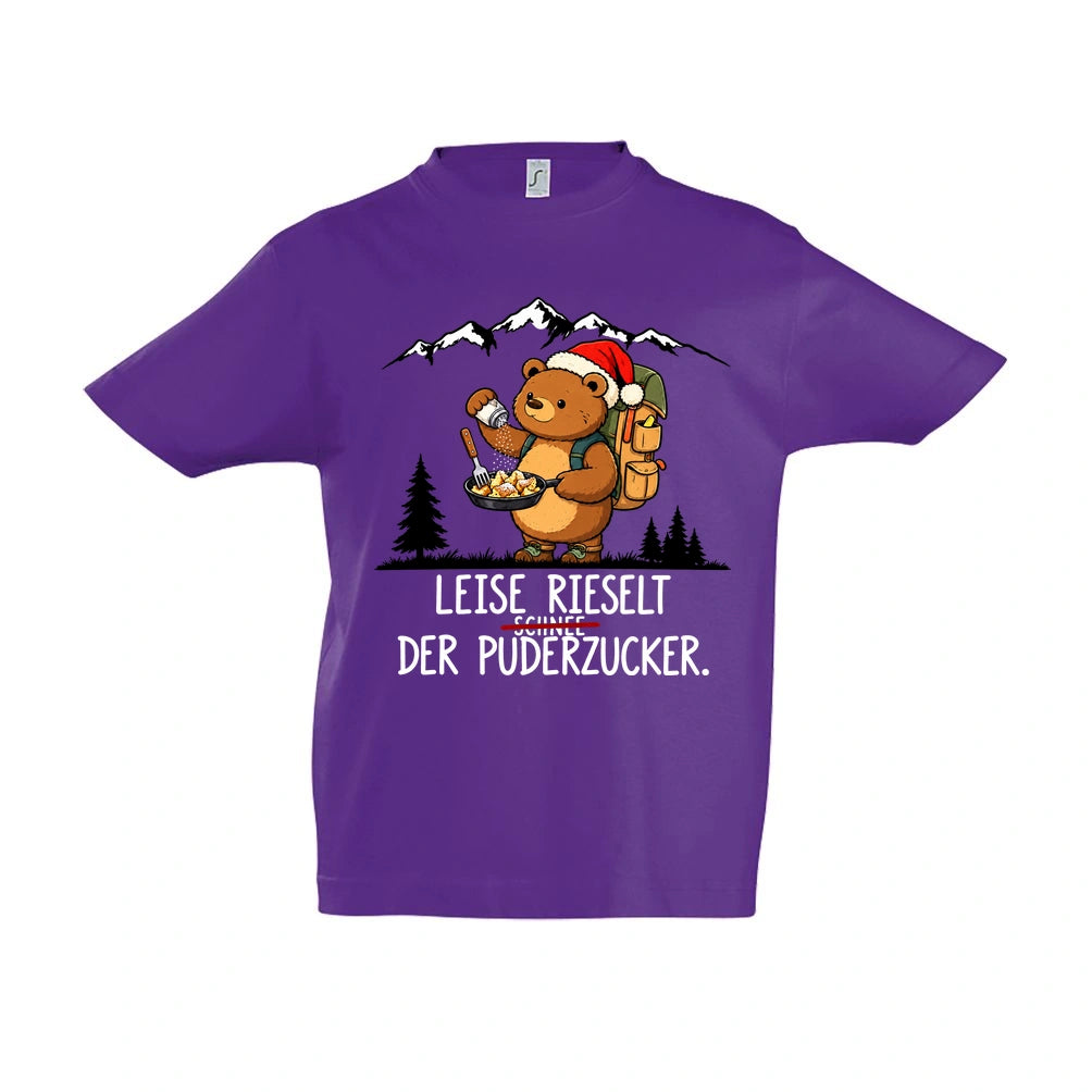 Puderzucker Kinder T-Shirt in Dark Purple – Vorderansicht, Motiv mittig zwischen den Ärmelansätzen