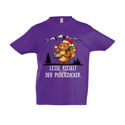 Puderzucker Kinder T-Shirt in Dark Purple – Vorderansicht, Motiv mittig zwischen den Ärmelansätzen