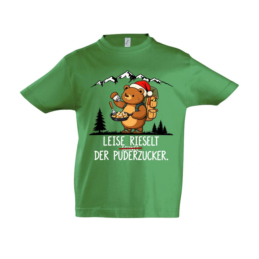 Puderzucker Kinder T-Shirt in Kelly Green – Vorderansicht, Motiv mittig zwischen den Ärmelansätzen