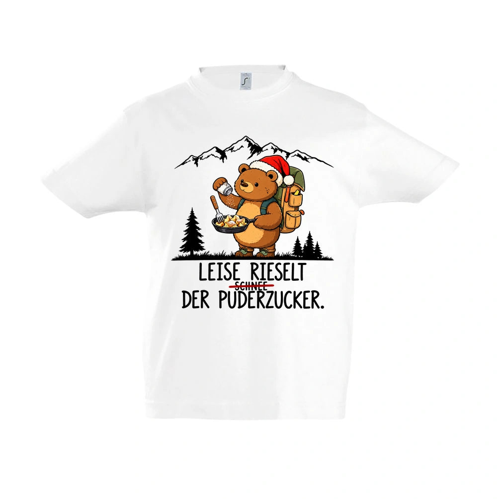 Puderzucker Kinder T-Shirt in White – Vorderansicht, Motiv mittig zwischen den Ärmelansätzen