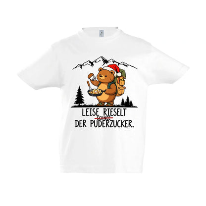 Puderzucker Kinder T-Shirt in White – Vorderansicht, Motiv mittig zwischen den Ärmelansätzen