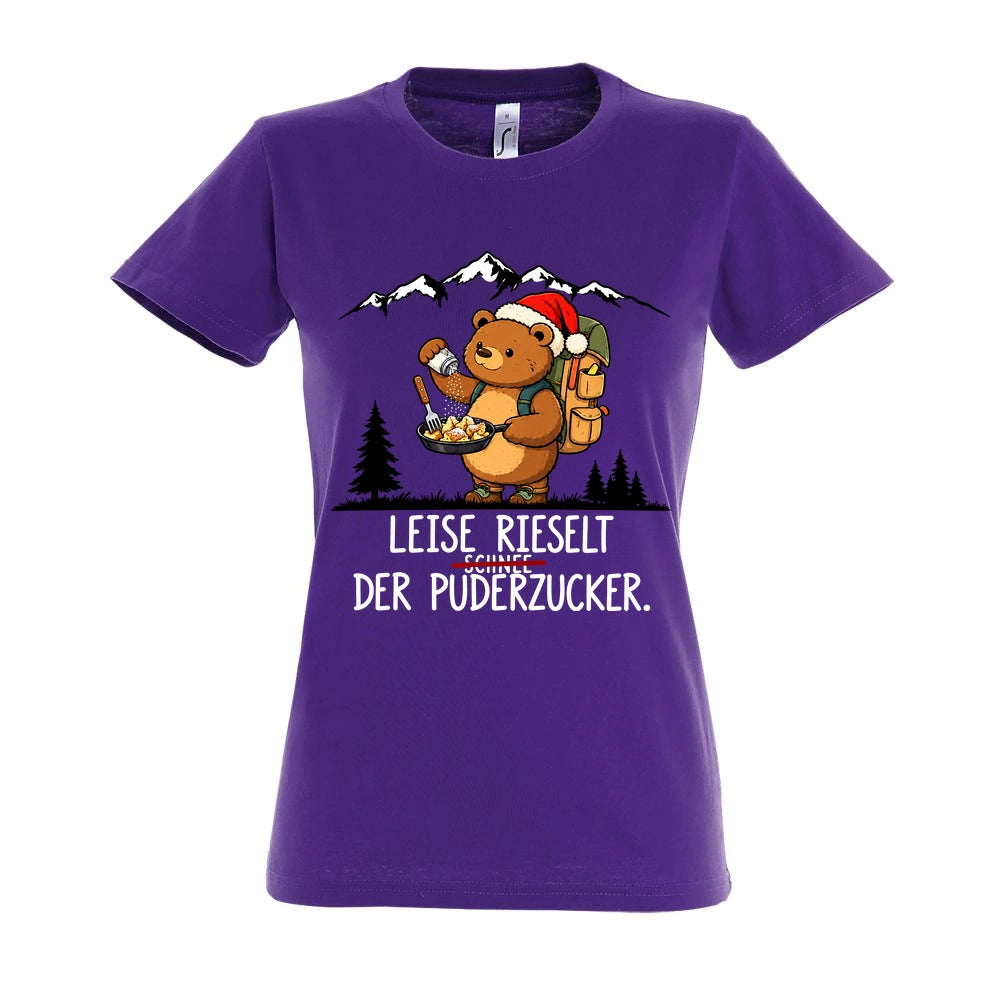 Puderzucker Frauen Shirt in Dark Purple – Vorderansicht mit Kaiserbär-Weihnachtsmotiv