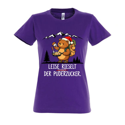 Puderzucker Frauen Shirt in Dark Purple – Vorderansicht mit Kaiserbär-Weihnachtsmotiv