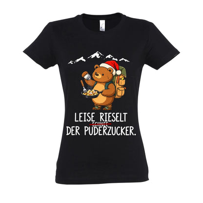 Puderzucker Frauen Shirt in Deep Black – Vorderansicht mit Kaiserbär-Weihnachtsmotiv