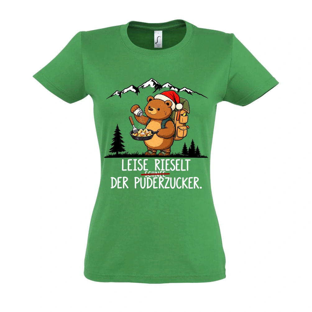 Puderzucker Frauen Shirt in Kelly Green – Vorderansicht mit Kaiserbär-Weihnachtsmotiv