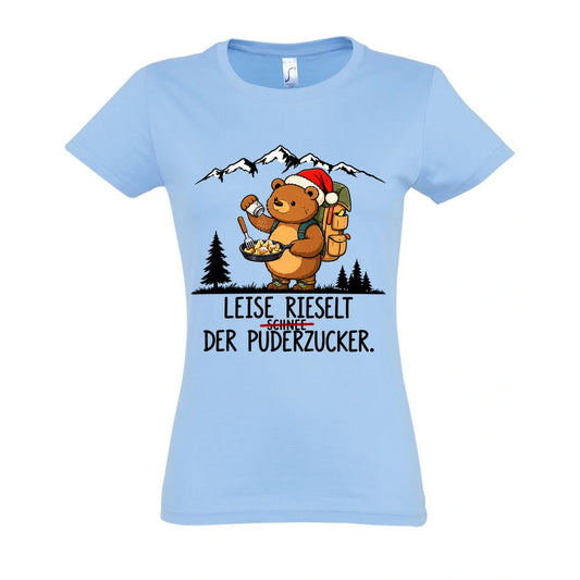 Puderzucker Frauen Shirt in Sky Blue – Vorderansicht mit Kaiserbär-Weihnachtsmotiv