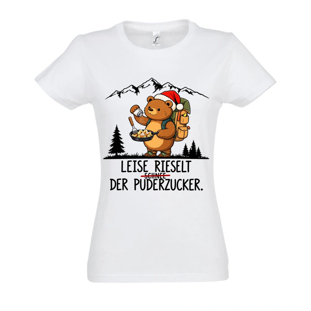 Puderzucker Frauen Shirt in White – Vorderansicht mit Kaiserbär-Weihnachtsmotiv