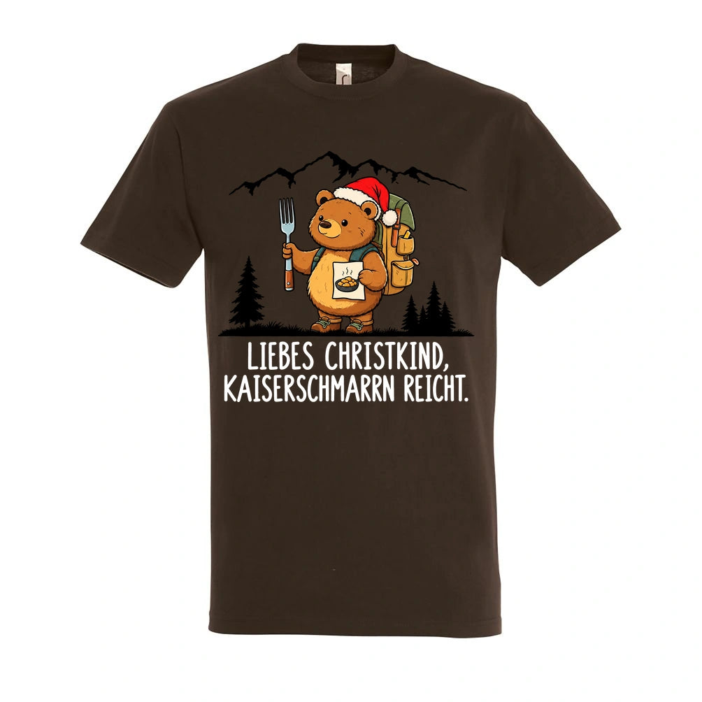 Liebes Christkind T-Shirt Unisex in Chocolate – Vorderansicht mit Kaiserbär-Weihnachtsmotiv