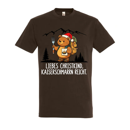 Liebes Christkind T-Shirt Unisex in Chocolate – Vorderansicht mit Kaiserbär-Weihnachtsmotiv