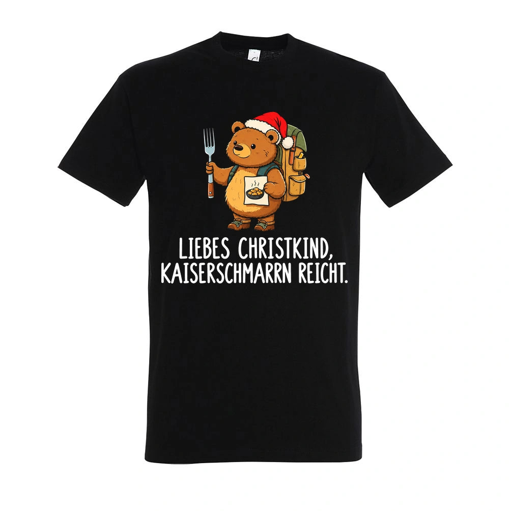 Liebes Christkind T-Shirt Unisex in Deep Black – Vorderansicht mit Kaiserbär-Weihnachtsmotiv