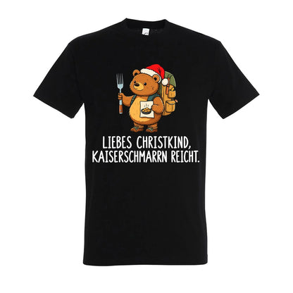 Liebes Christkind T-Shirt Unisex in Deep Black – Vorderansicht mit Kaiserbär-Weihnachtsmotiv