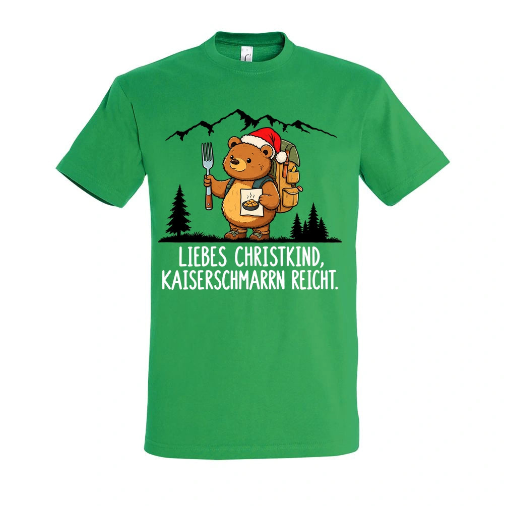 Liebes Christkind T-Shirt Unisex in Kelly Green – Vorderansicht mit Kaiserbär-Weihnachtsmotiv