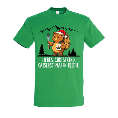 Liebes Christkind T-Shirt Unisex in Kelly Green – Vorderansicht mit Kaiserbär-Weihnachtsmotiv