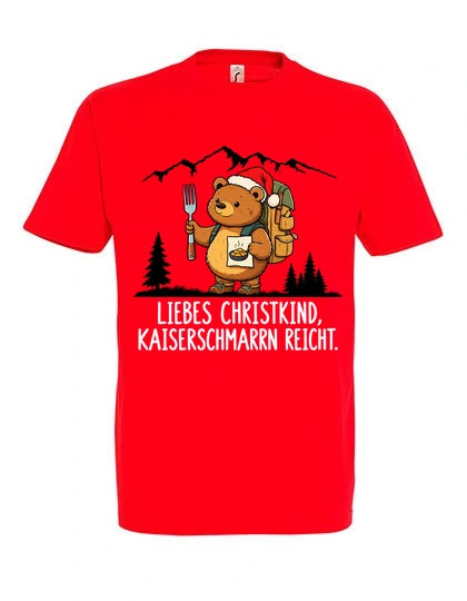 Liebes Christkind T-Shirt Unisex in Red – Vorderansicht mit Kaiserbär-Weihnachtsmotiv
