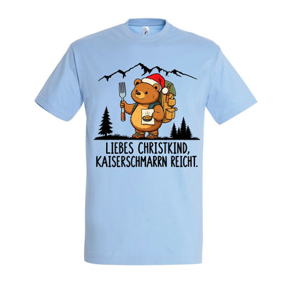 Liebes Christkind T-Shirt Unisex in Sky Blue – Vorderansicht mit Kaiserbär-Weihnachtsmotiv