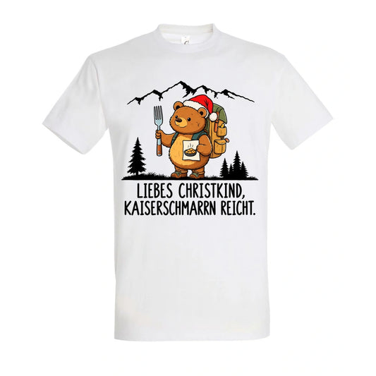 Liebes Christkind T-Shirt Unisex in White – Vorderansicht mit Kaiserbär-Weihnachtsmotiv