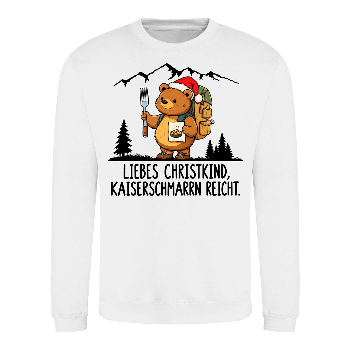 Liebes Christkind Sweater in Arctic White – Vorderansicht mit Kaiserbär-Weihnachtsmotiv