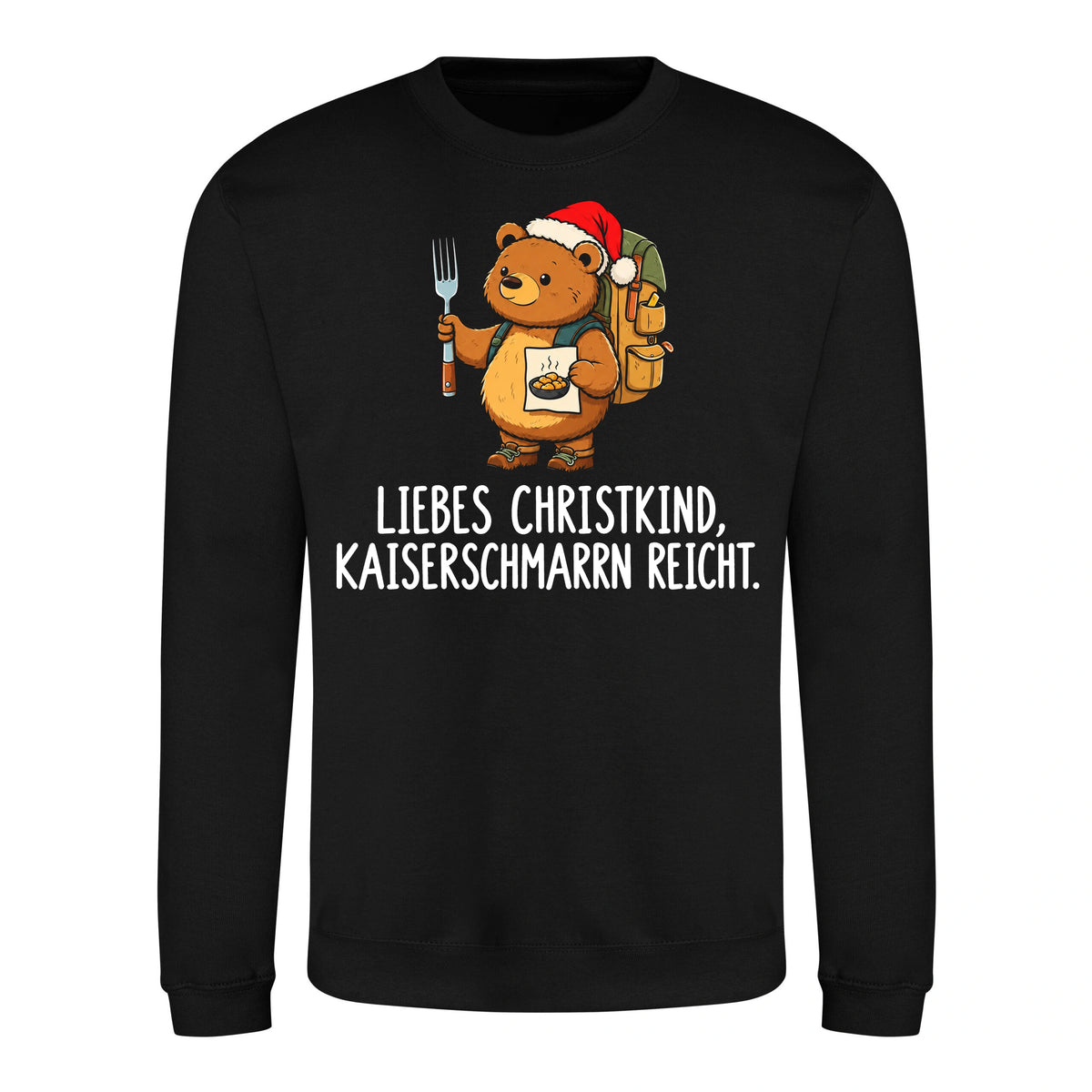 Liebes Christkind Sweater in Deep Black – Vorderansicht mit Kaiserbär-Weihnachtsmotiv