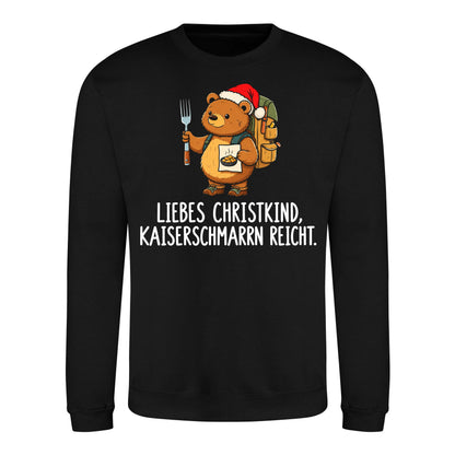 Liebes Christkind Sweater in Deep Black – Vorderansicht mit Kaiserbär-Weihnachtsmotiv