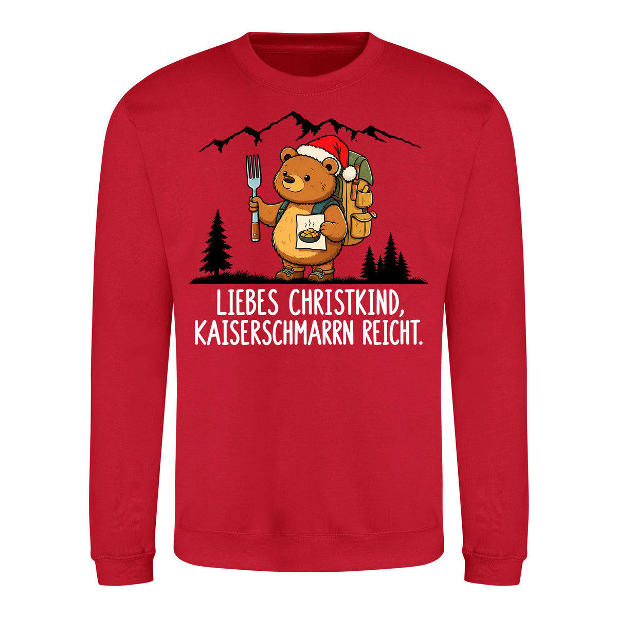 Liebes Christkind Sweater in Fire Red – Vorderansicht mit Kaiserbär-Weihnachtsmotiv