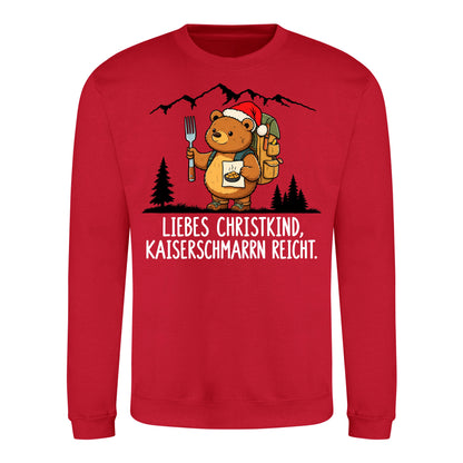 Liebes Christkind Sweater in Fire Red – Vorderansicht mit Kaiserbär-Weihnachtsmotiv
