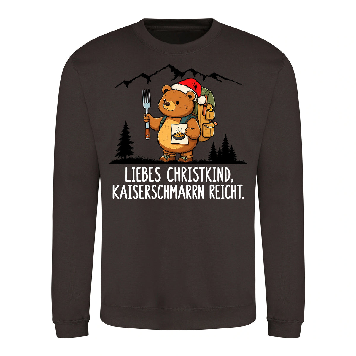 Liebes Christkind Sweater in Hot Chocolate – Vorderansicht mit Kaiserbär-Weihnachtsmotiv