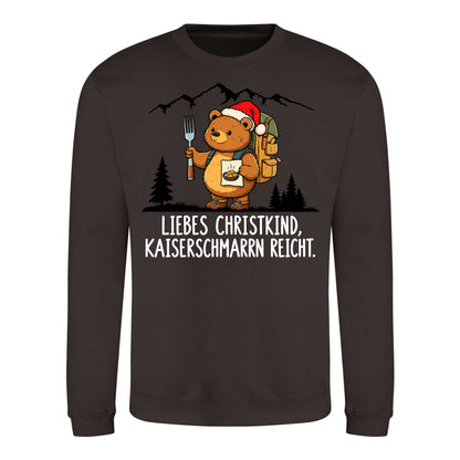 Liebes Christkind Sweater in Hot Chocolate – Vorderansicht mit Kaiserbär-Weihnachtsmotiv