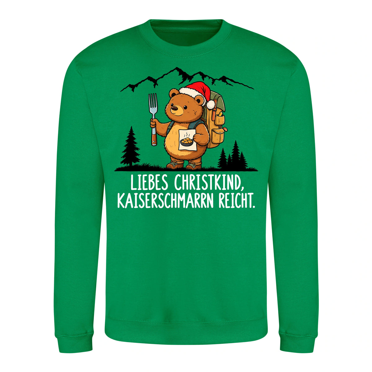 Liebes Christkind Sweater in Kelly Green – Vorderansicht mit Kaiserbär-Weihnachtsmotiv
